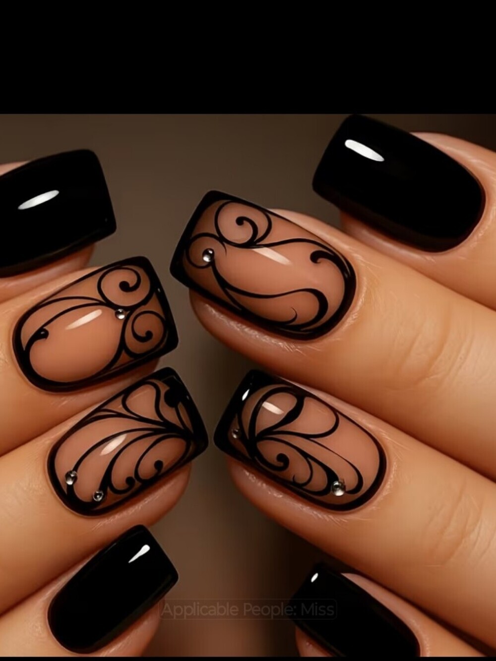 🔥3/$21 Black and Nude Floral Swirl Press On Nails Art Set - Women Makeup